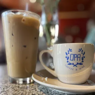 a cup of coffee and a glass of iced coffee