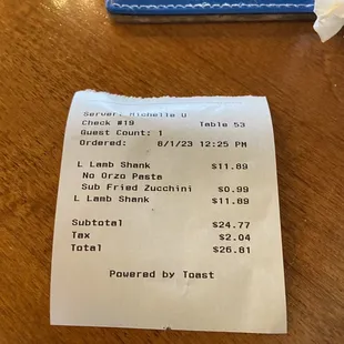 Receipt, two lamb shank lunch specials.