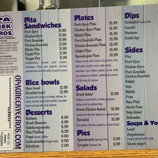 Updated menu for new owners and management.