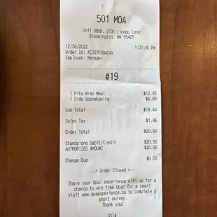 Cost for pita meal and spanakopita