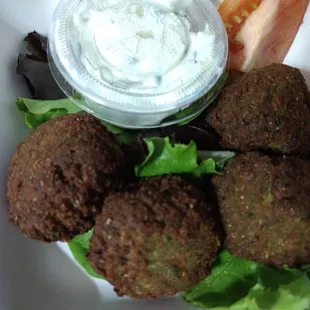 Falafel with fresh tzatziki-- delicious, but enough garlic to knock your socks off.