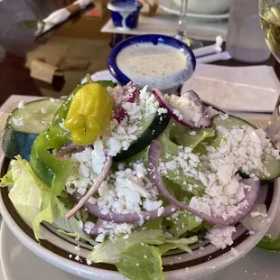 Greek salad. Amazing dressing.