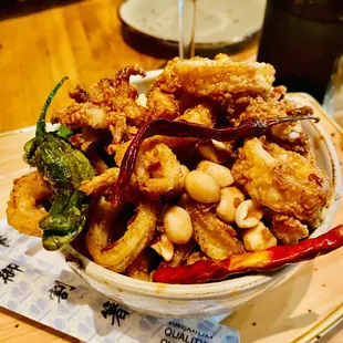 Calamari with shishito peppers and eggplant