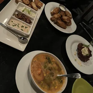 Dip, minestrone soup, wings, fritters