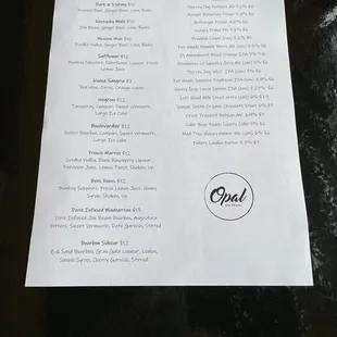Cocktail menu
