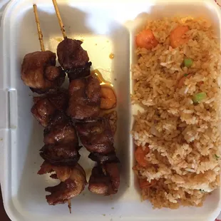 Kabob plate with rice, $6. Not sure what the meat is but it&apos;s good.