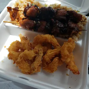 a chicken skewer and onion rings