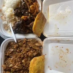 Oxtails shrimp and steak combo on the left. Chicken and shrimp hibachi on the right Caribbean Beef Patties