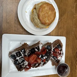 Chocolate waffle &amp; Egg &amp; Cheese biscuit with bacon
