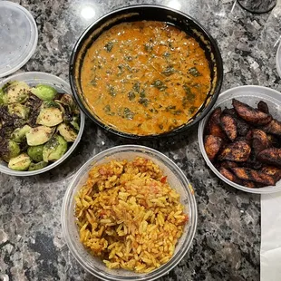 Brussel Sprouts, Vegan peanut soup, Kelewele (spiced plantains), and Jollof Rice