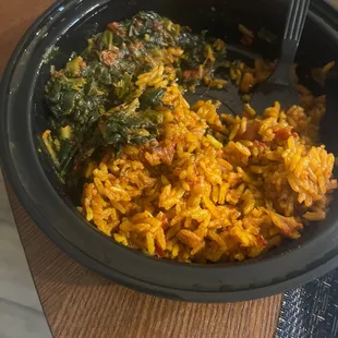 Spinach stew and jollof