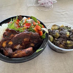 White Rice Brussel Sprouts Fried or Grilled Chicken Meal