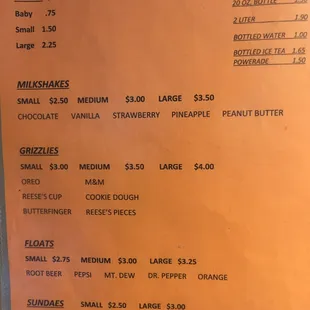 Ice cream menu