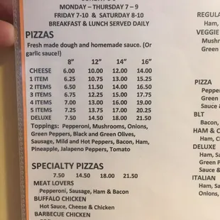 Pizza menu