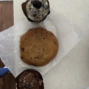 Cookies and cream cupcake, the chocolate chip cookie, and the mocha cupcake