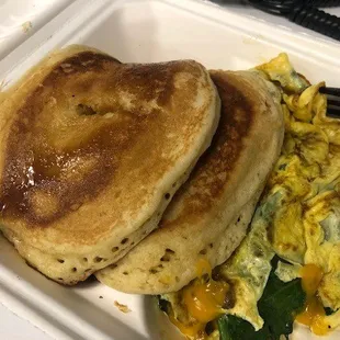 Buttermilk pancakes and fresh spinach and mushroom omelet