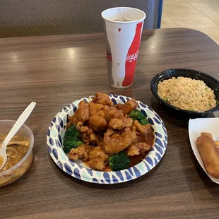 Orange Chicken, hot soup, egg roll and a drink for $10.98 and the best part is that it&apos;s DELICIOUS!!! Great service by the way