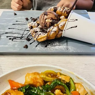 chocolate waffle dessert with pocky