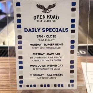 Specials Menu