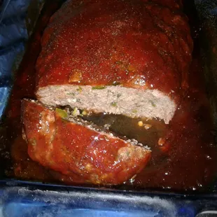 Meatloaf with fresh parsley and Serrano peppers with a sweet spicy glaze