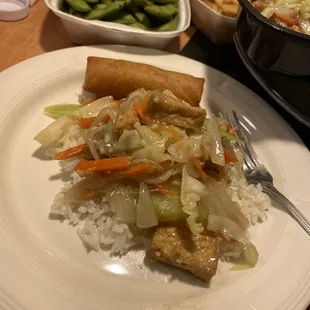Edamame, Chow Mein, French Fries, tofu, Steamed Rice