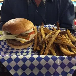 a hamburger and fries