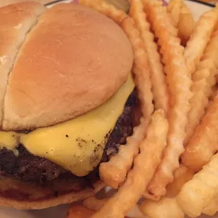 a cheeseburger and fries