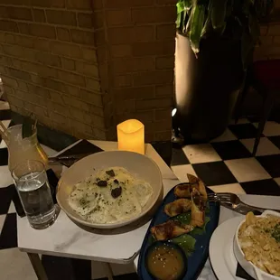 Appetizer and 2 mains! Truffle Mushroom Ravioli  Duck Confit Spring Rolls Lobster Mac &amp; Cheese