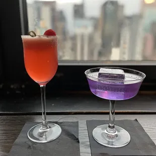 Purple Gin on left is the Purple Tuxedo made with Empress Gin  Left is the Flapper made with Vodka