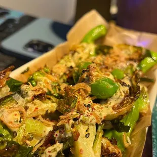 Brussels sprouts and shishito peppers is totally amazing