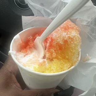 Peach/ Mango snowball with marshmallow on top. My favorite