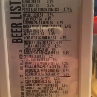 Beer and well drink menu