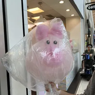 a pink pig in a plastic bag