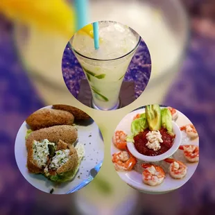 Spicy Margarita, Mexican Shrimp Cocktail and crab stuffed japs.