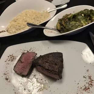 Filet mignon. Brussel sprouts. Parmesan Rissoto. Ribeye.