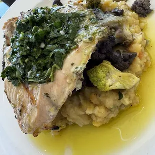 Grilled Chicken Breast  Herbed lentils, roasted cauliflower, topped with gremolata sauce