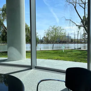 a view of a lake through a window