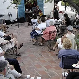 Visitors gather on the scenic middle patio .