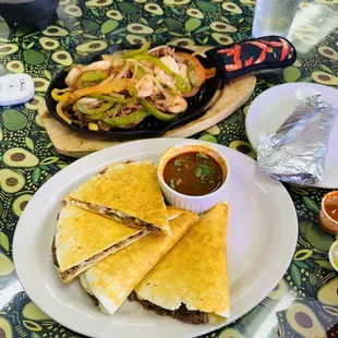 Steak/shrimp fajitas and Birra Quesadilla