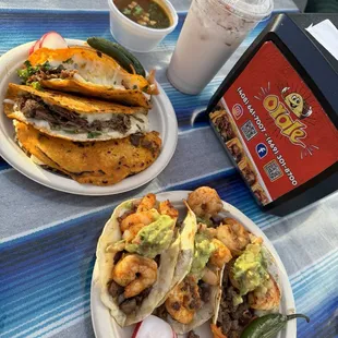 Quesabirria (Top), Tacos Mar Y Tierra (Bottom), Horchata