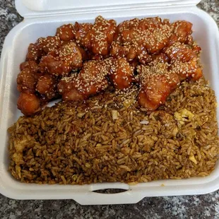 Sesame chicken and chicken fried rice