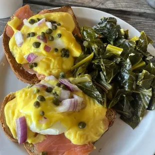 Salmon Eggs Benedict/sub rye bread Collard greens