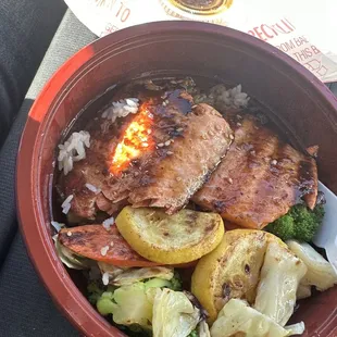 Salmon teriyaki bowl $14.99 Salmon vegetable teriyaki sauce over steamed rice