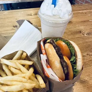 Burger, fries, cinnamon milk shake