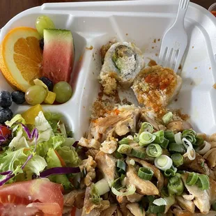 a meal in a styrofoam container