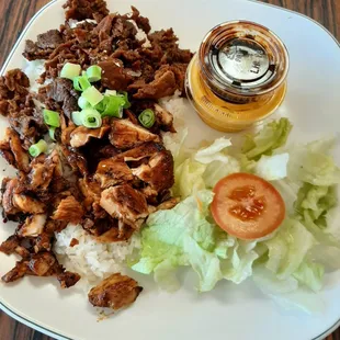 Teriyaki chicken and Teriyaki beef with rice and salad.