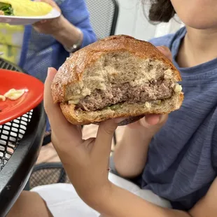 Cheese burger, spinach cheese omelette, fresh fruit