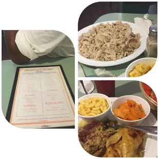 a menu, a plate of food, and bowls of macaroni and cheese