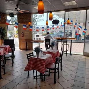 tables with red and white checkered tablecloths