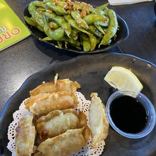 Gyoza and Edamame with Spicy Garlic